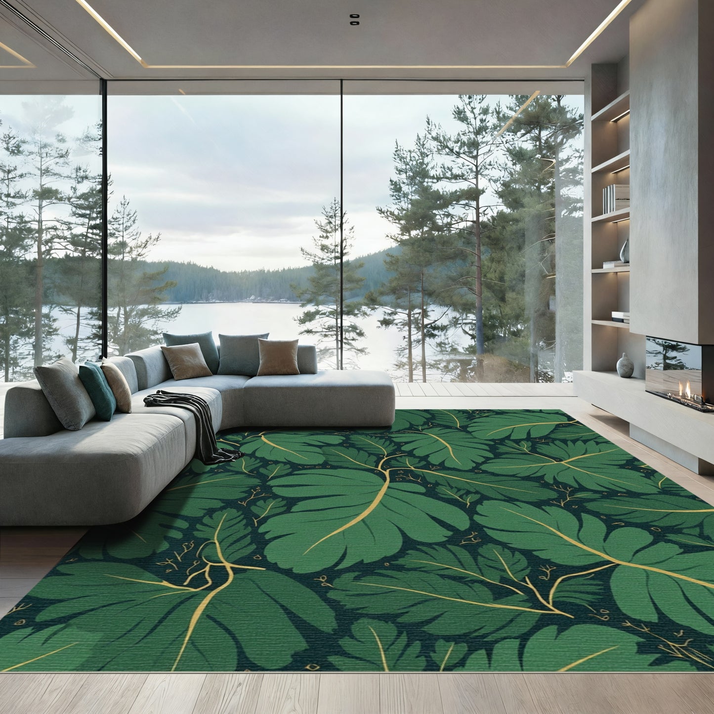 Deep Forest Green Leafy Branch Pattern Rug