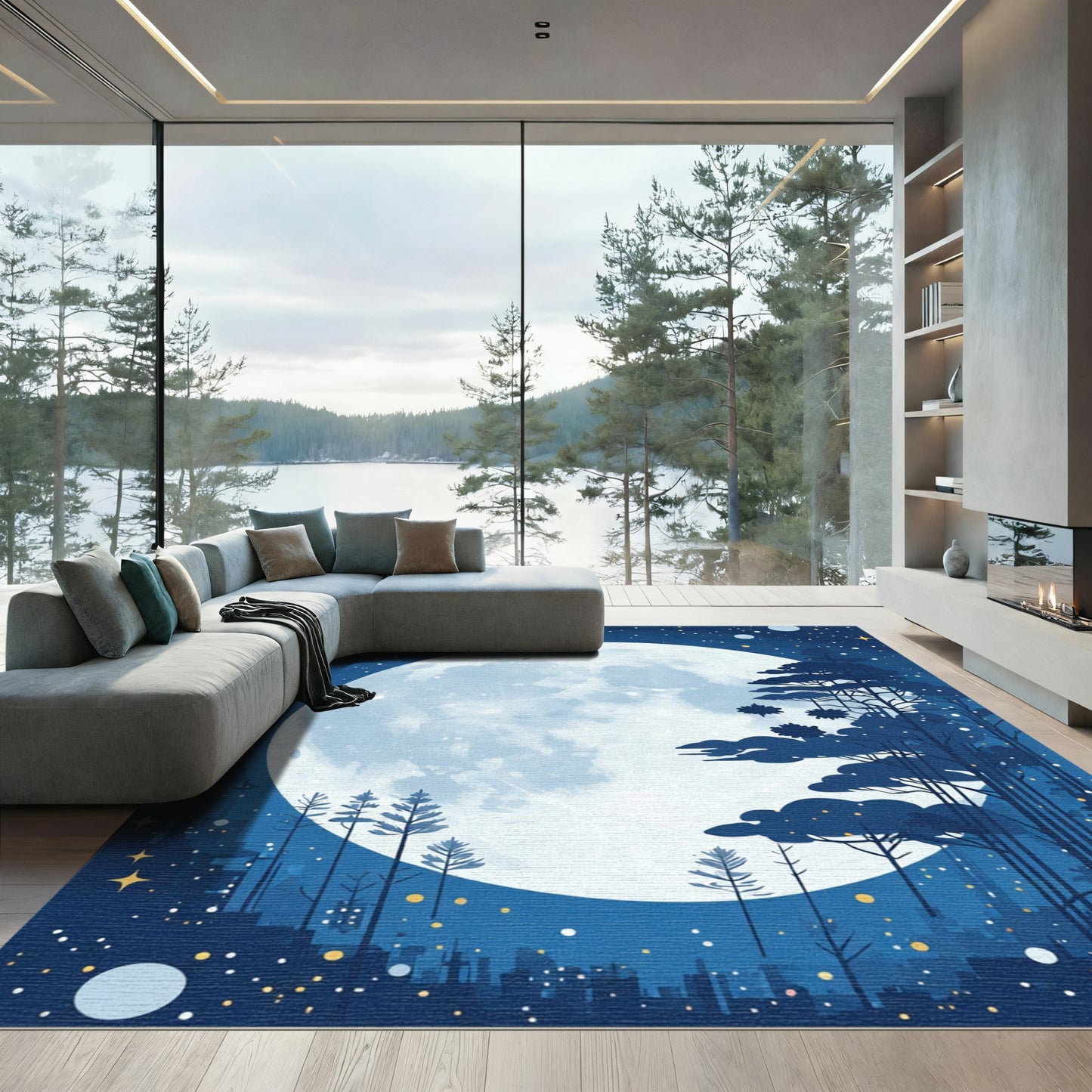 Dreamy Blue Night Forest Moonscape Rug