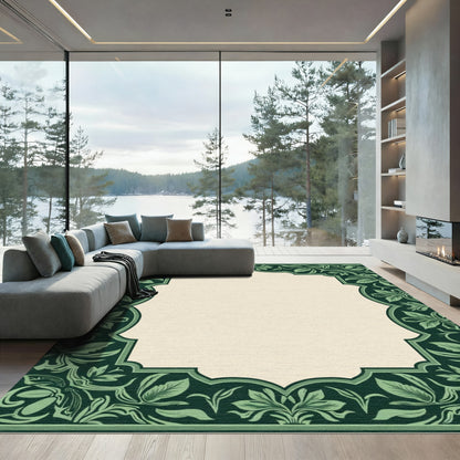 Dark Green Leafy Scroll Border Rug