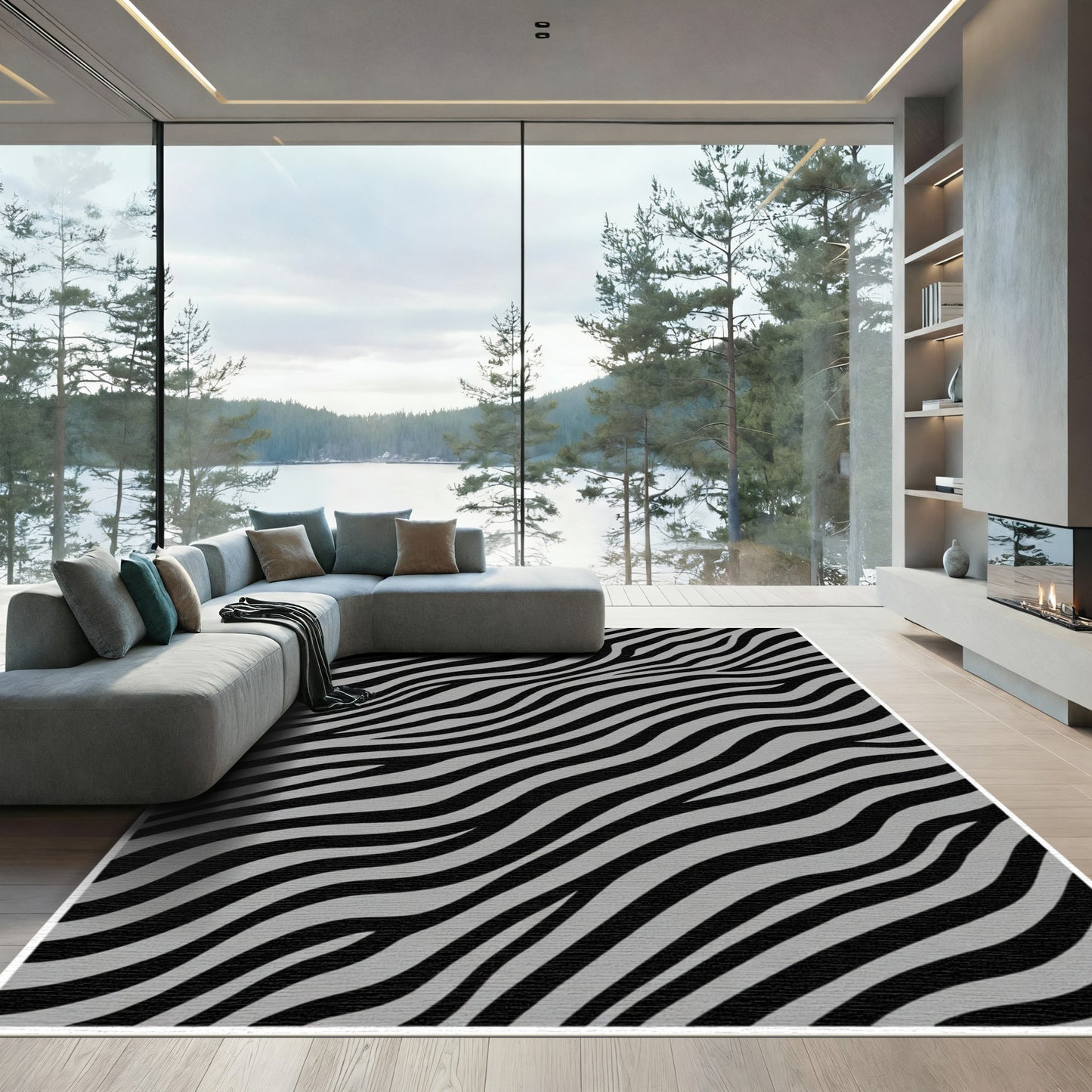 Black Silver Zebra Stripe Abstract Rug