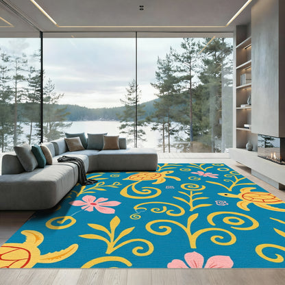 Blue Yellow Pink Turtle Floral Swirl Rug