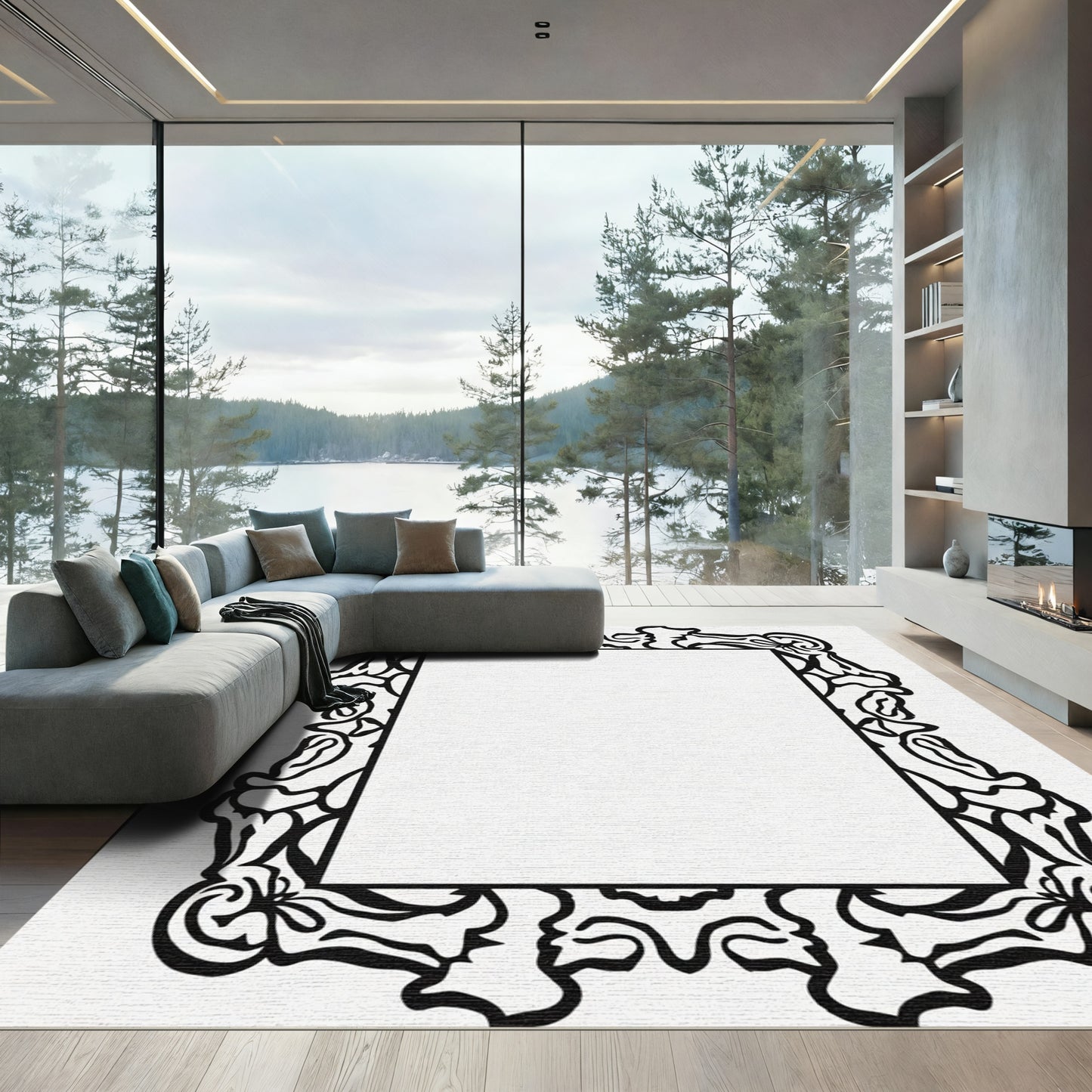 Black Ornate Scrollwork Square Rug
