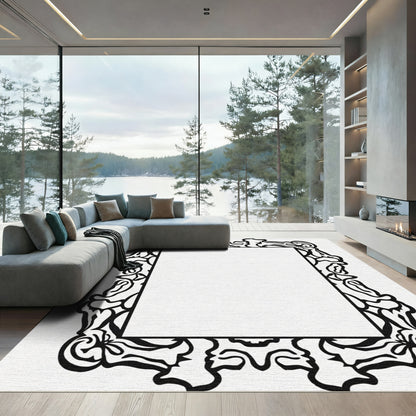 Black Ornate Scrollwork Square Rug