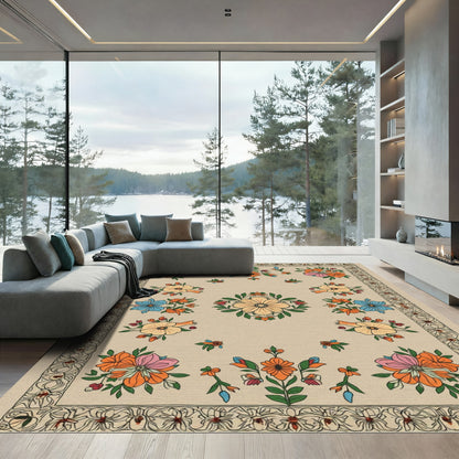 Vibrant Orange Blue Floral Medallion Rug