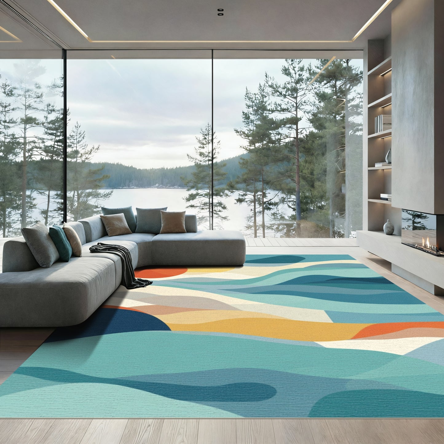 Abstract Ocean Wave Sunset Overlay Rug