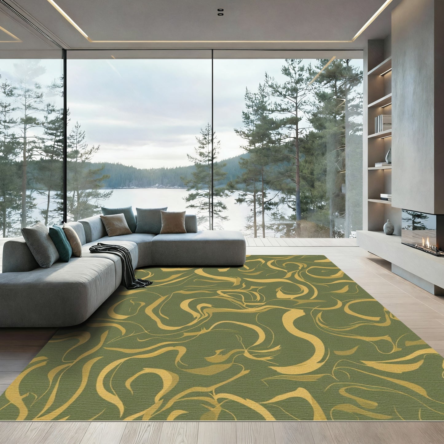 Golden Swirl Abstract Green Rug