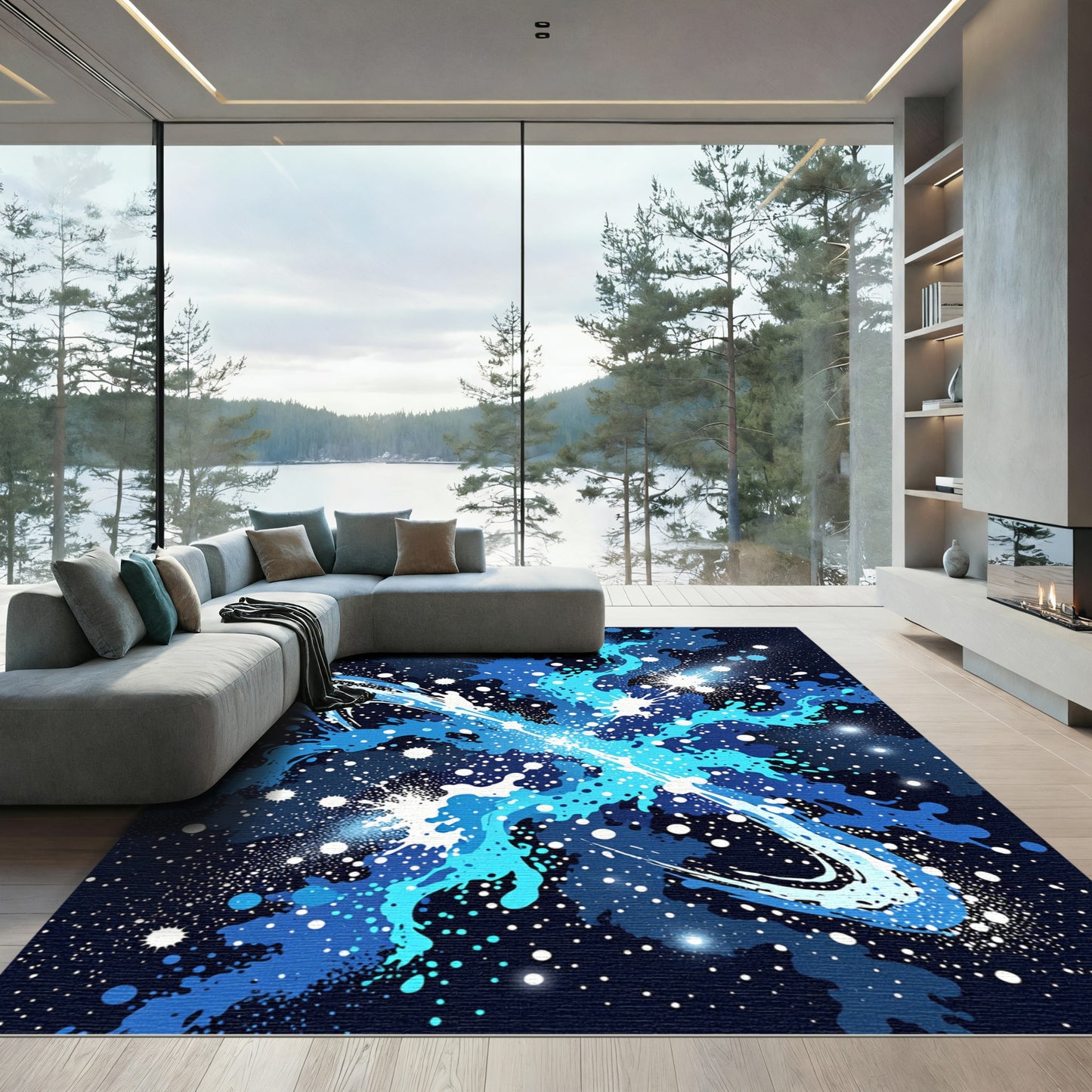 Abyssal Blue Splatter Swirl Rug