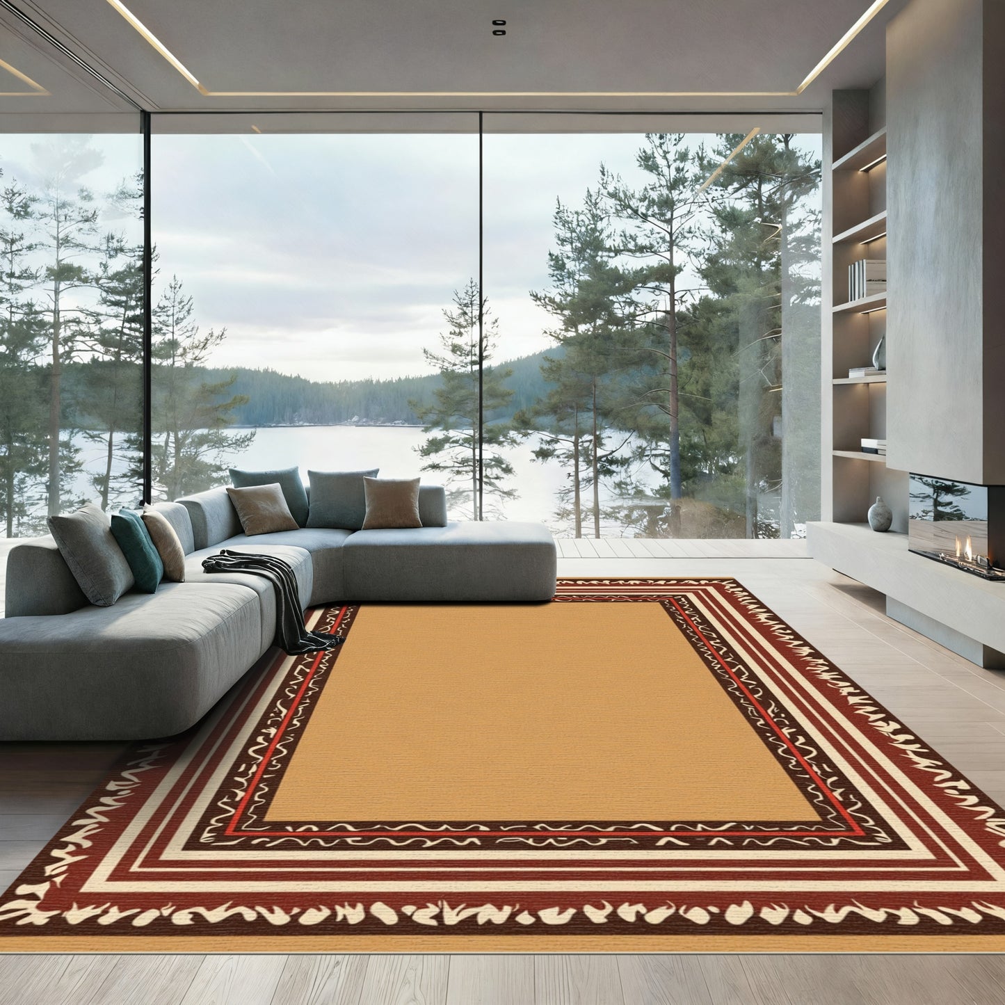 Earthy Red Bordered Geometric Stripe Rug