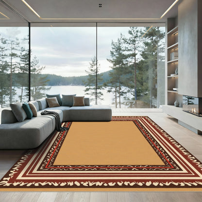 Earthy Red Bordered Geometric Stripe Rug
