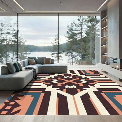 Geometric Coral Teal Ochre Abstraction Rug