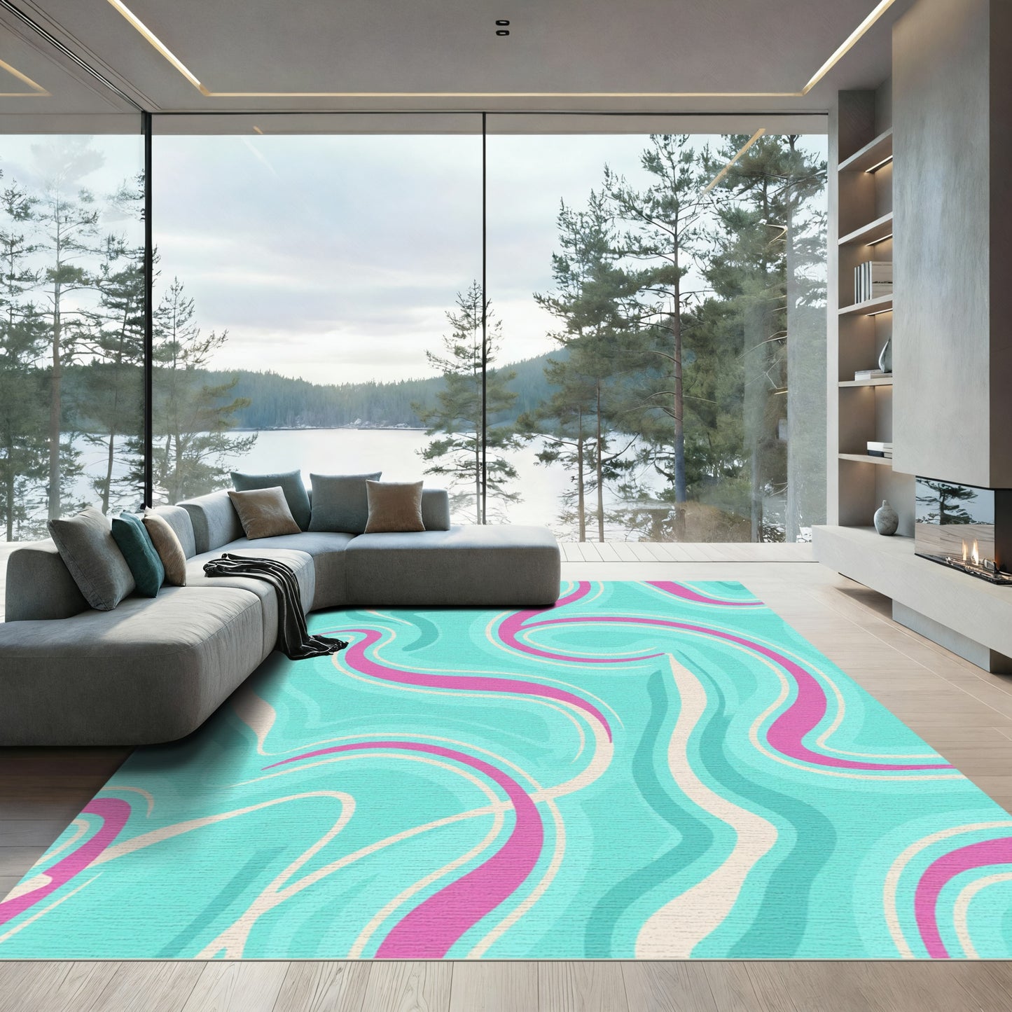 Aqua Pink Cream Swirl Abstraction Rug