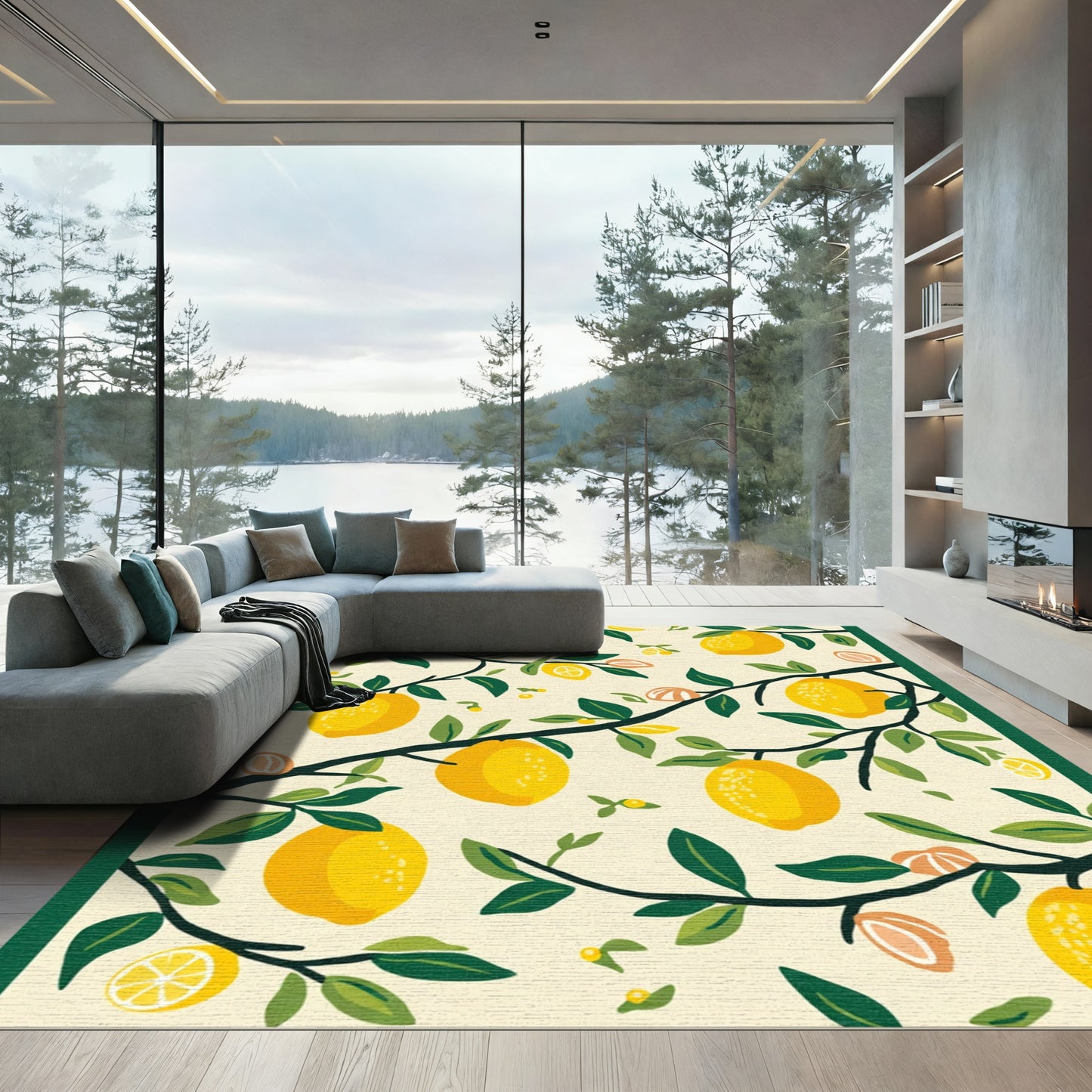 Yellow Lemon Branch Foliage Rug