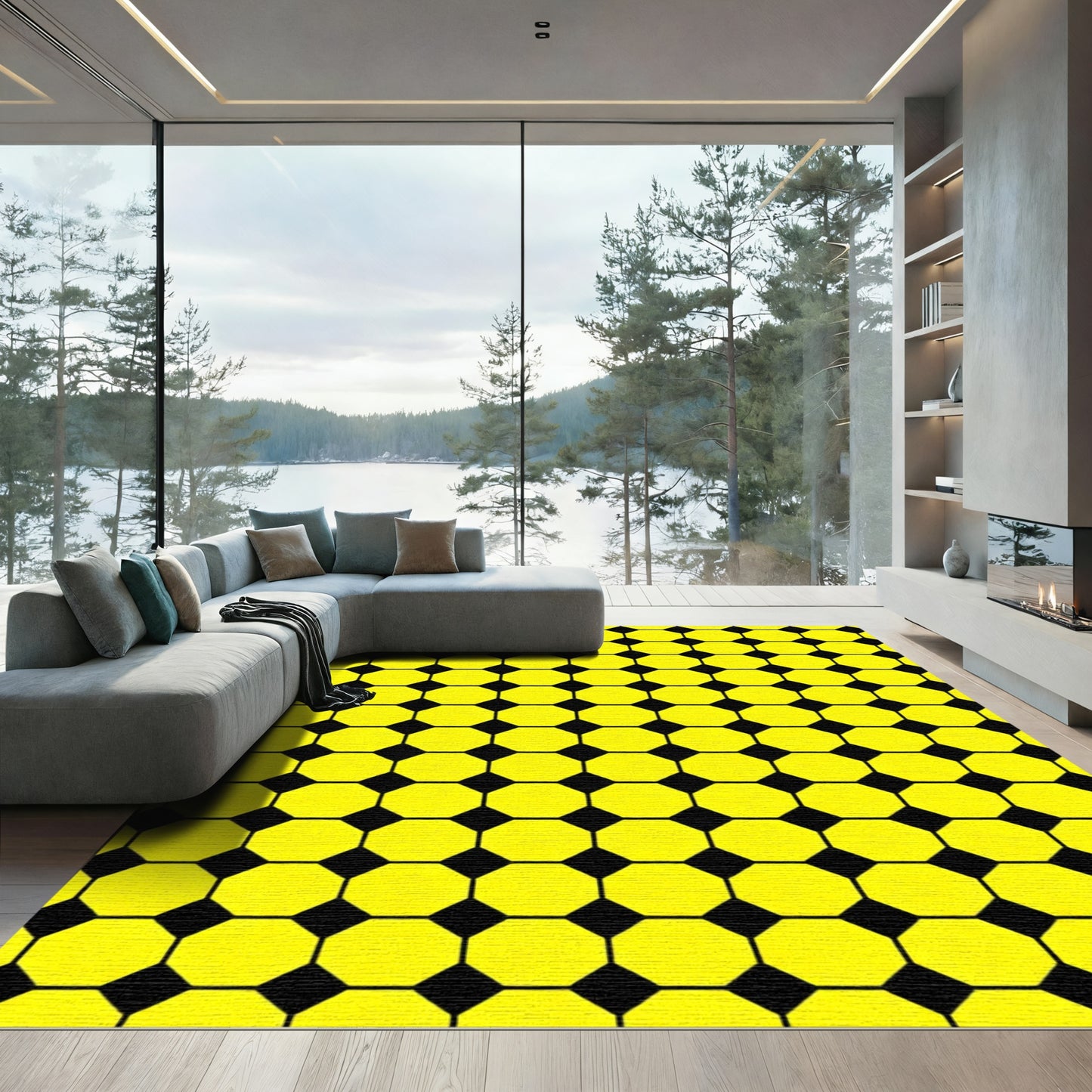Bright Yellow Black Octagon Mosaic Rug