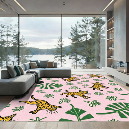 Golden Cheetah Jungle Botanical Pink Rug