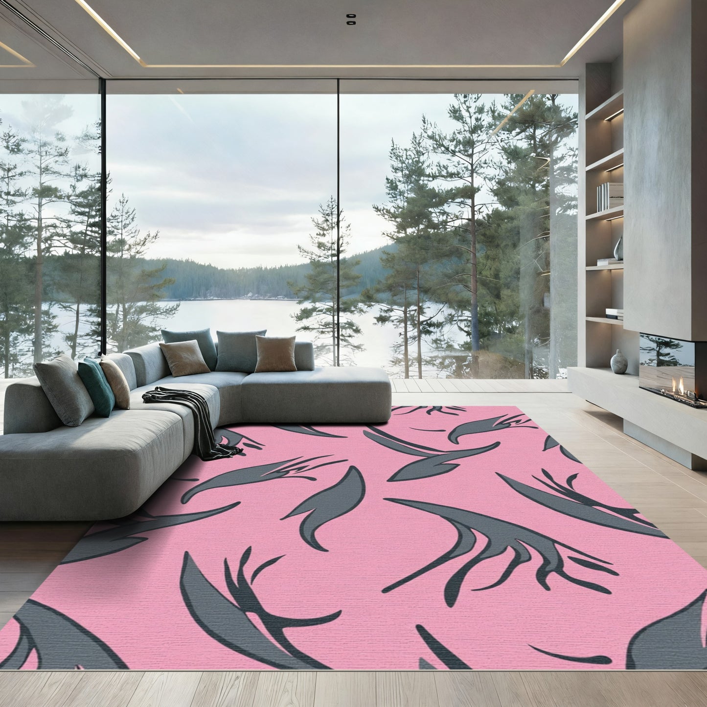 Pink Charcoal Abstract Feather Swirl Rug