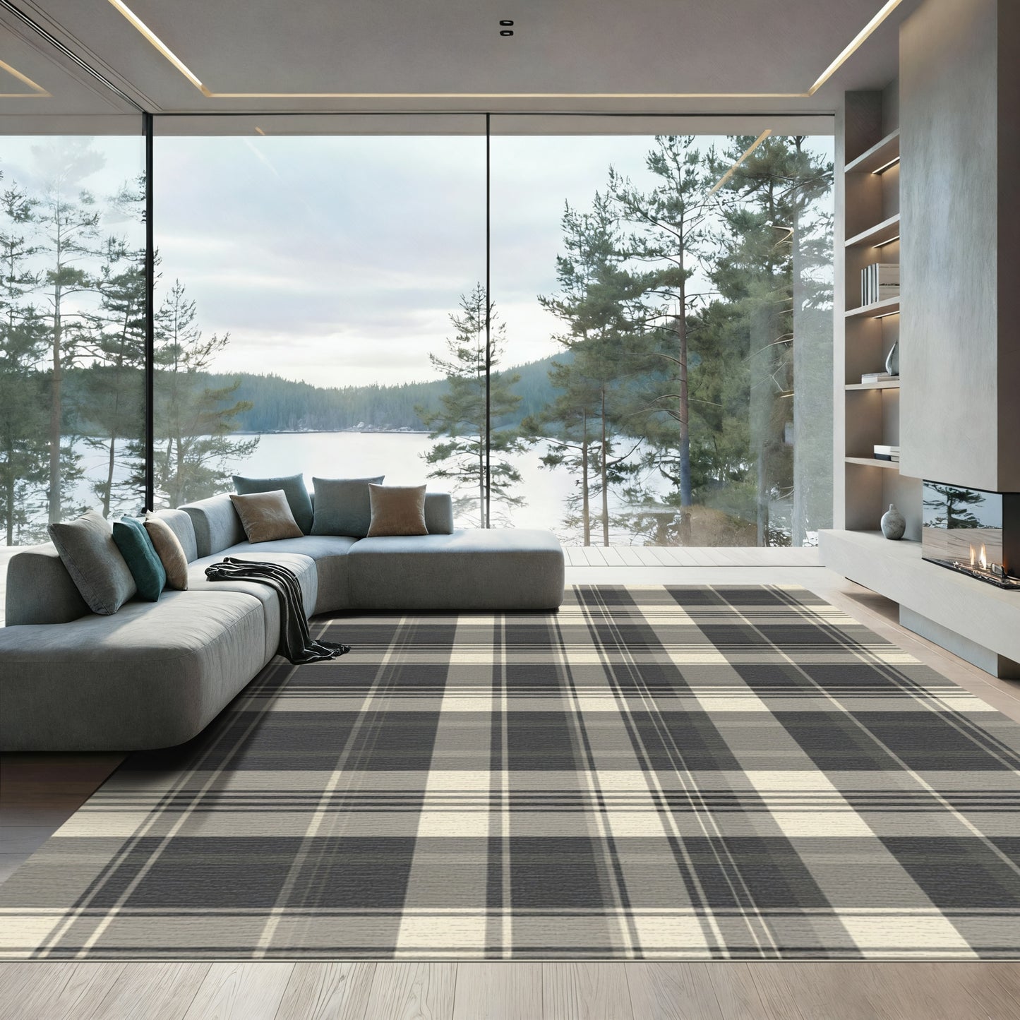 Classic Gray Beige Tartan Plaid Rug