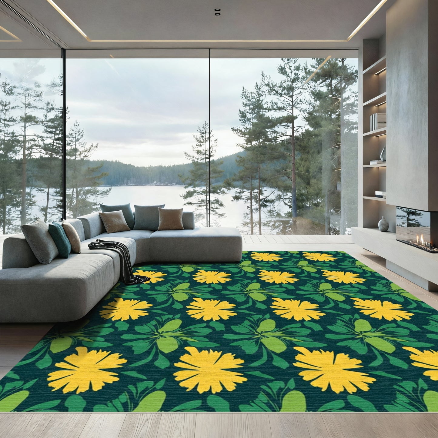 Yellow Flower Green Leaf Background Rug