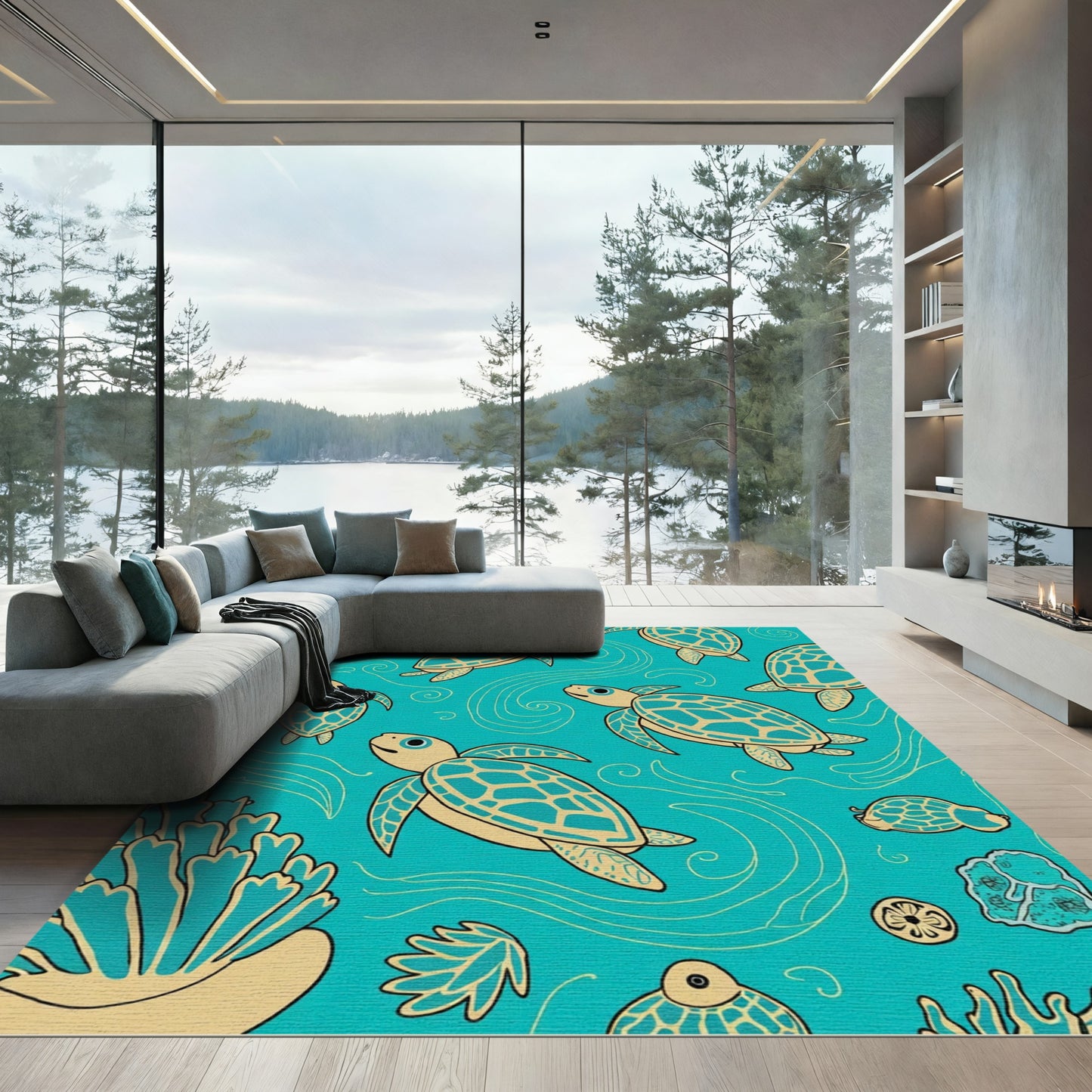 Coastal Turquoise Sea Turtle Swirls Rug
