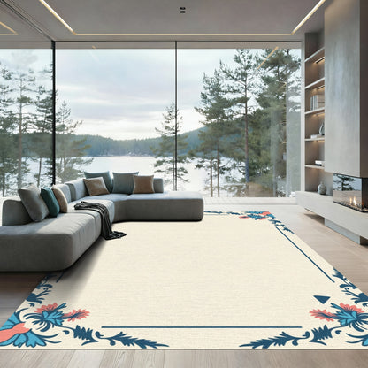 Cream Ivory Coral Floral Border Rug