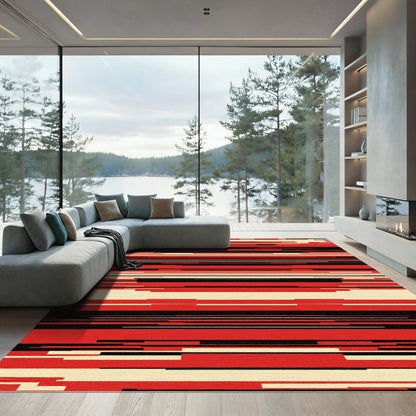 Red Black Cream Horizontal Lines Rug