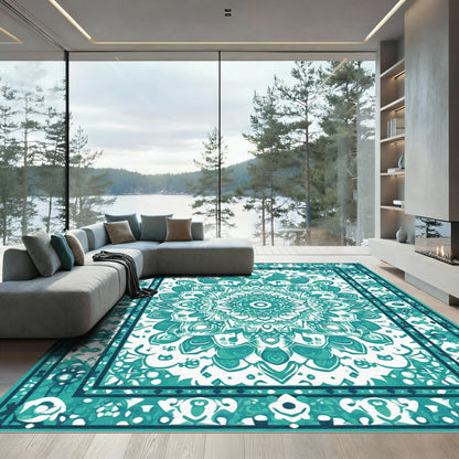 Teal Mandala Bloom Floral Art Rug