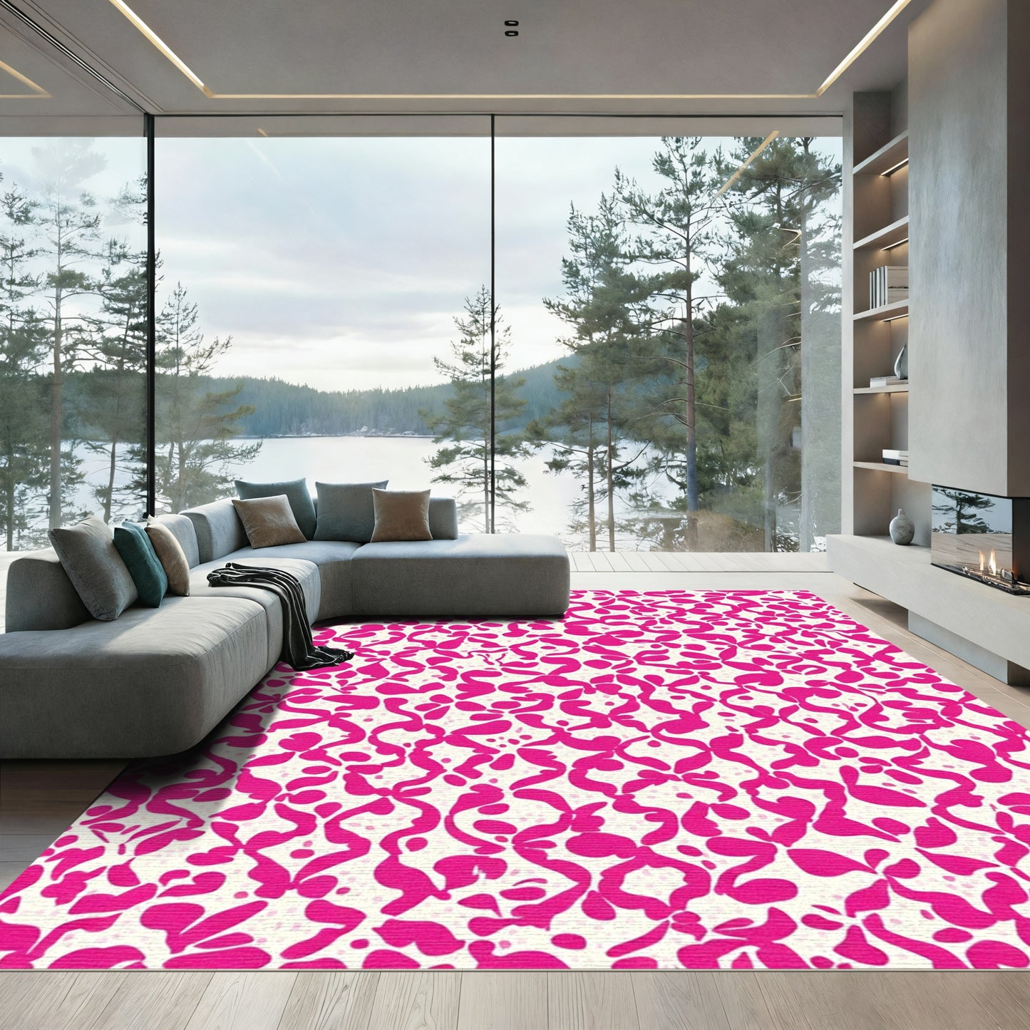Bright Pink Abstract Floral Scatter Rug