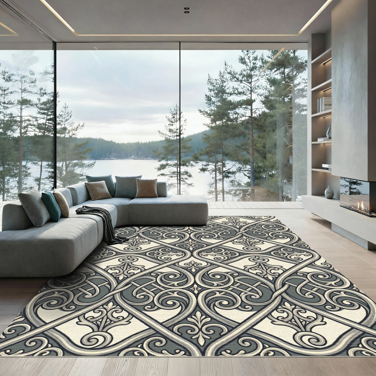 Vintage Gray Elaborate Intertwined Scroll Rug