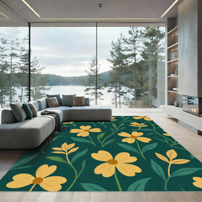 Golden Flowers Green Foliage Rug