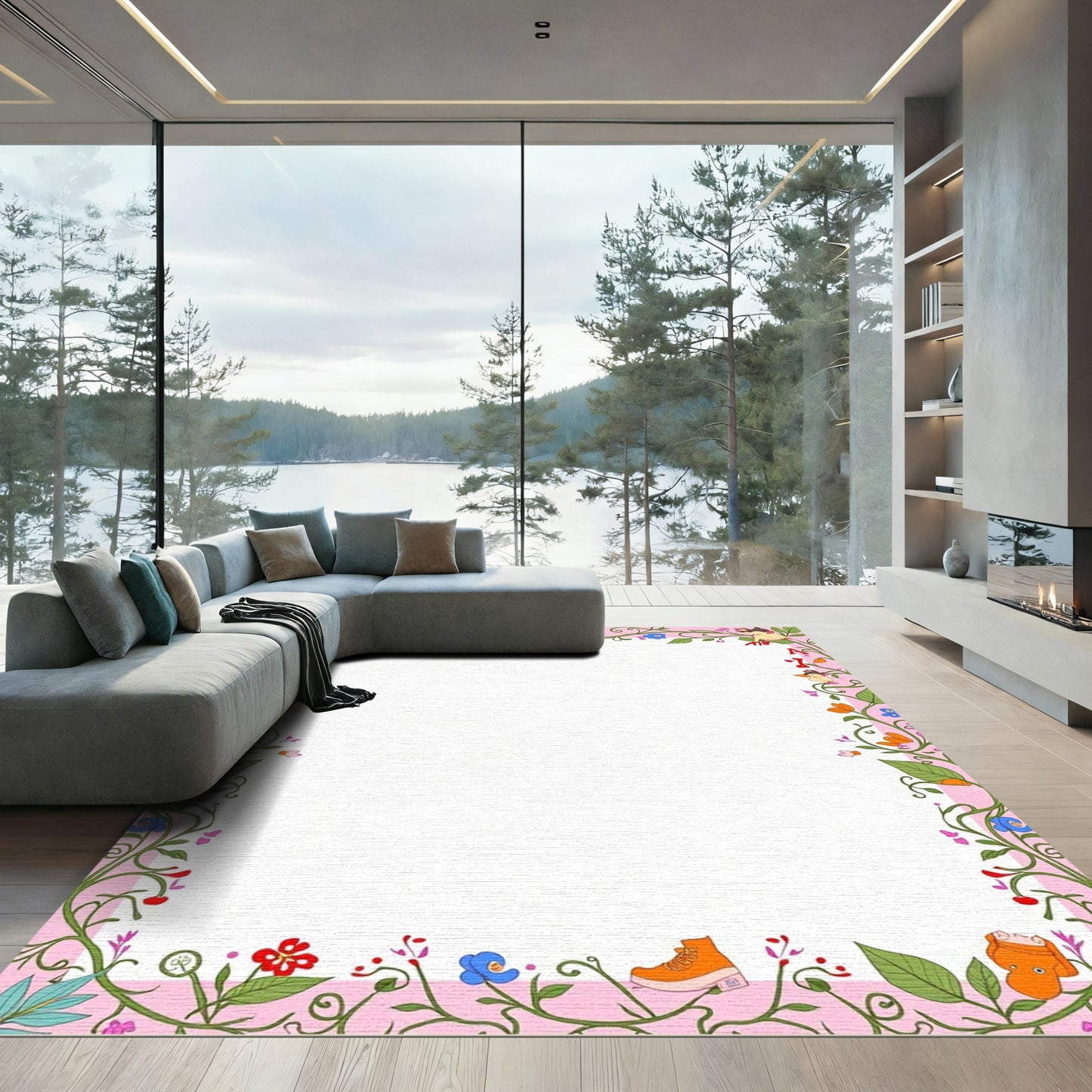 Whimsical Pink Floral Fairy Tale Border Rug