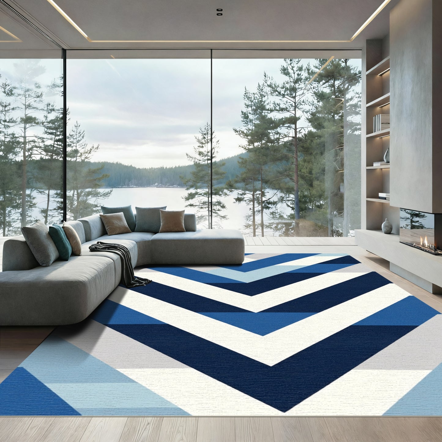 Blue White Geometric Chevron Rug