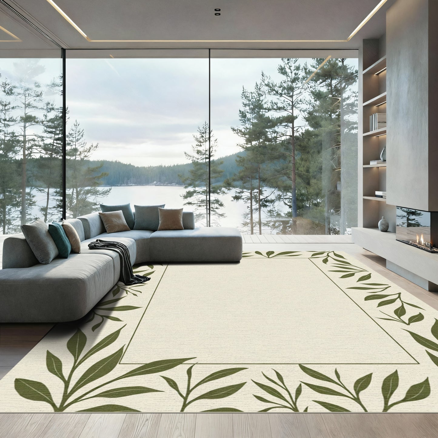 Olive Green Leafy Vine Border Rug