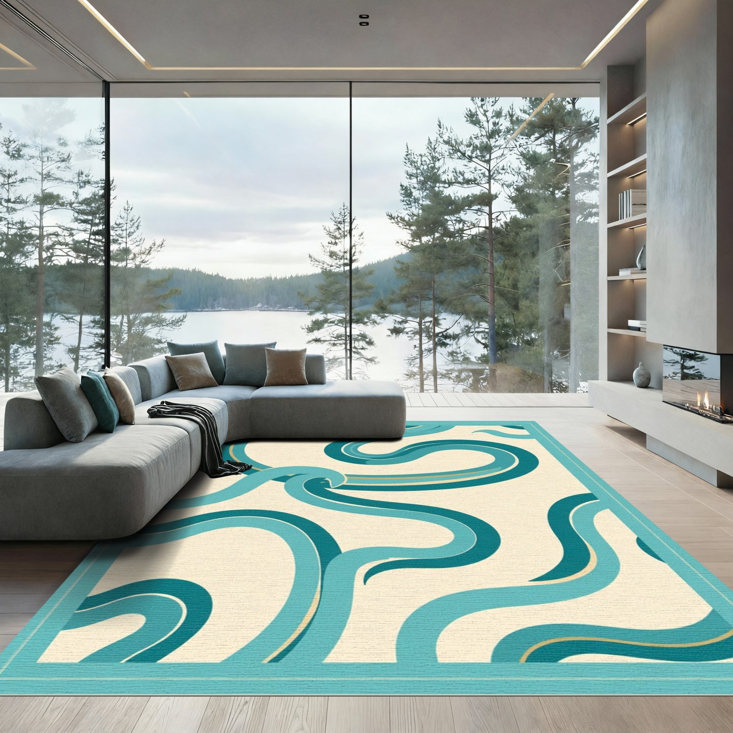 Turquoise Teal Flowing Ribbon Rug