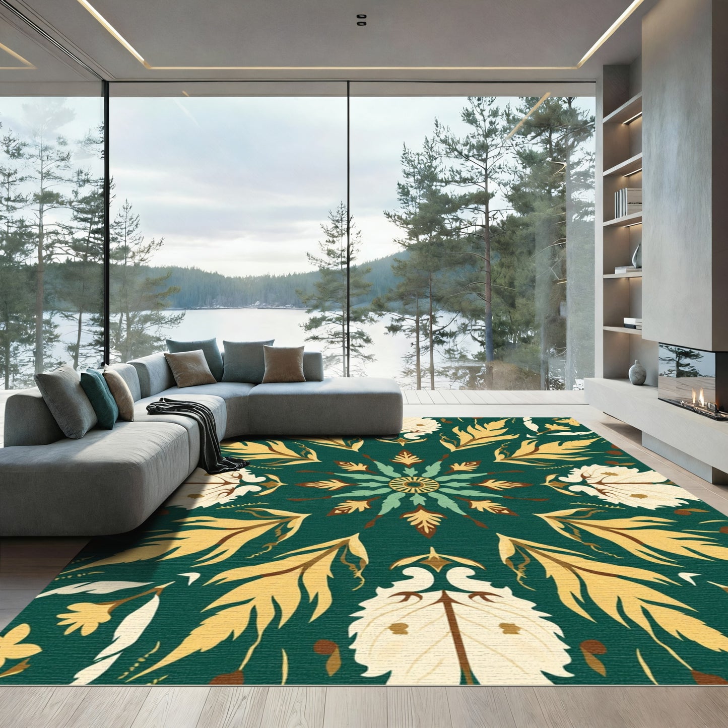 Green Teal Yellow Leaf Medallion Rug