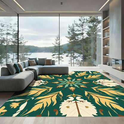 Green Teal Yellow Leaf Medallion Rug