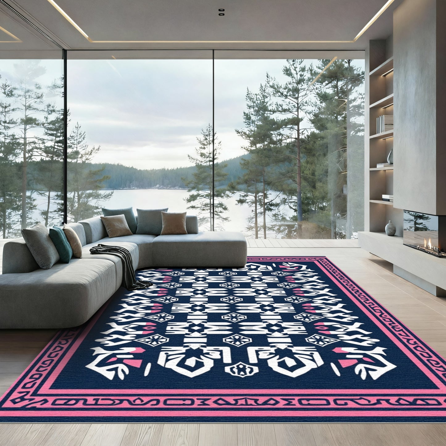Navy Pink Geometric Folk Art Rug