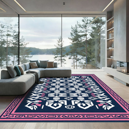 Navy Pink Geometric Folk Art Rug