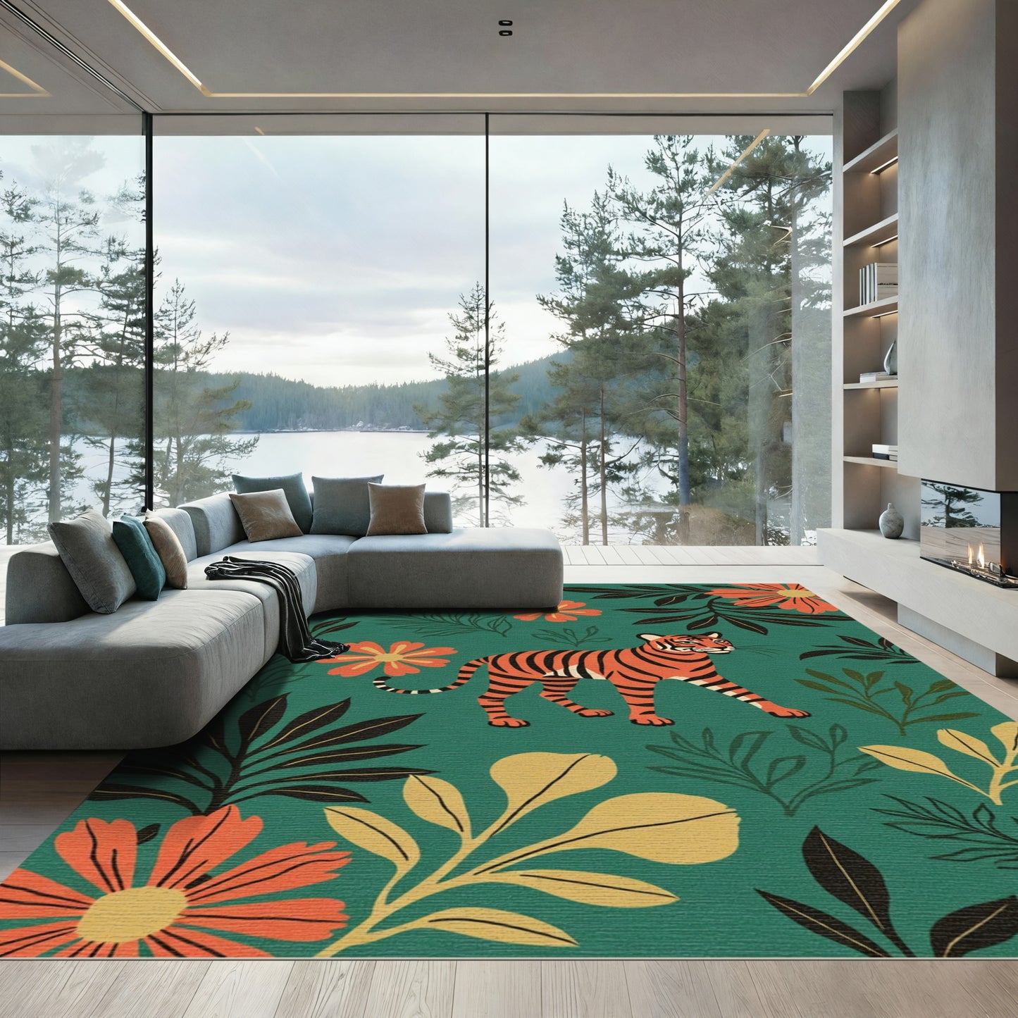 Vibrant Tiger Coral Floral Jungle Rug