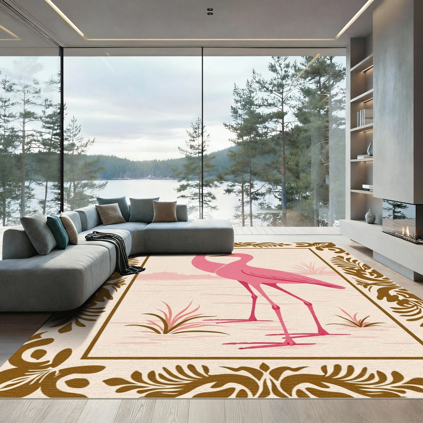 Pink Herons With Ornate Border Rug
