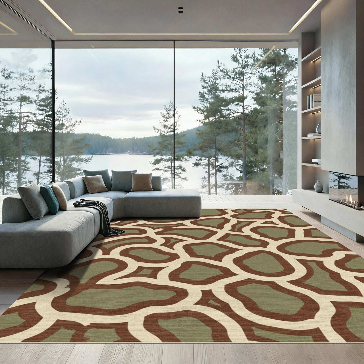 Green Brown Abstract Organic Shapes Rug