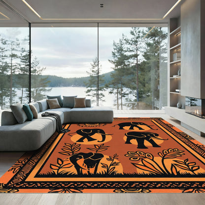 Orange Black Elephant Floral Border Rug