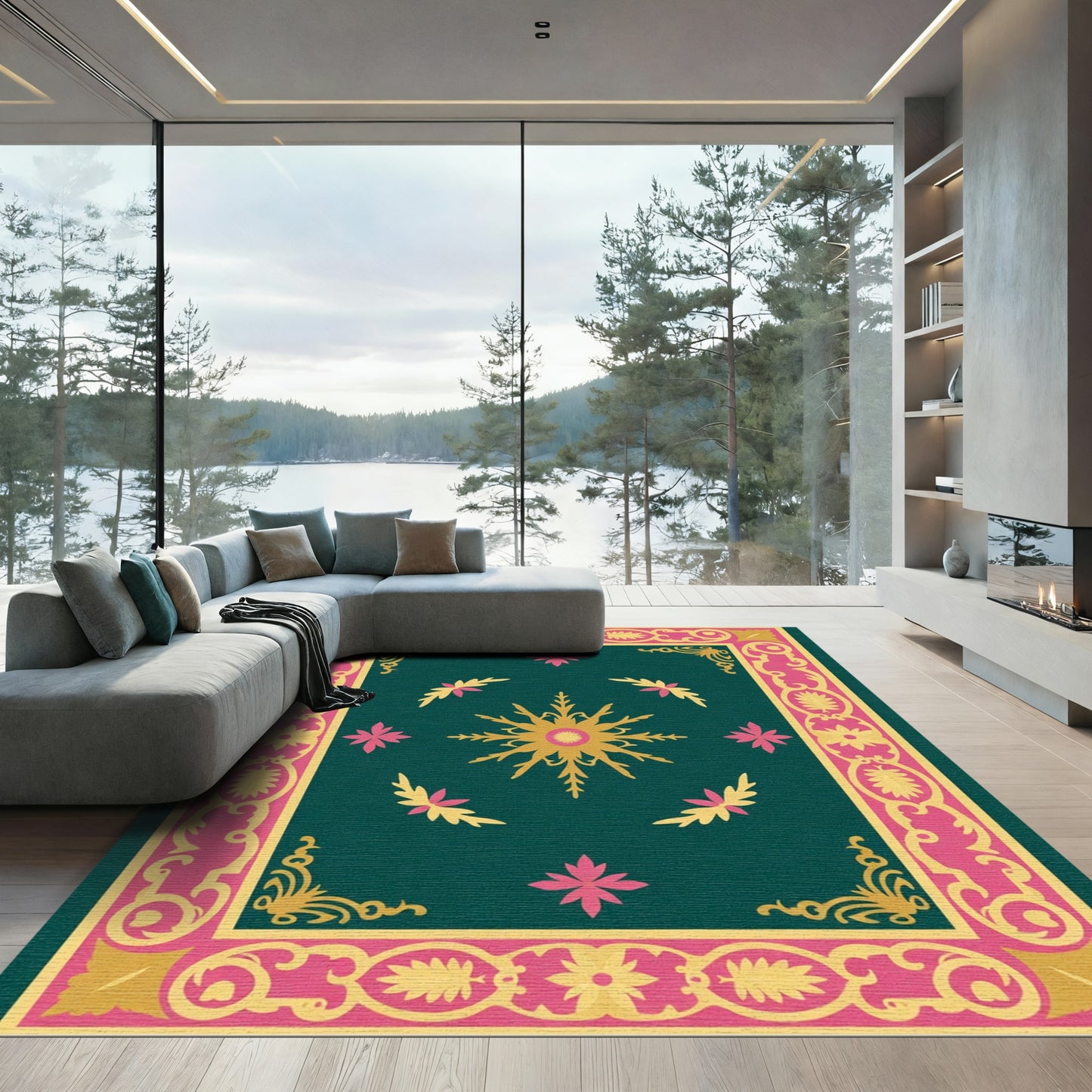 Emerald Pink Gold Starburst Medallion Rug