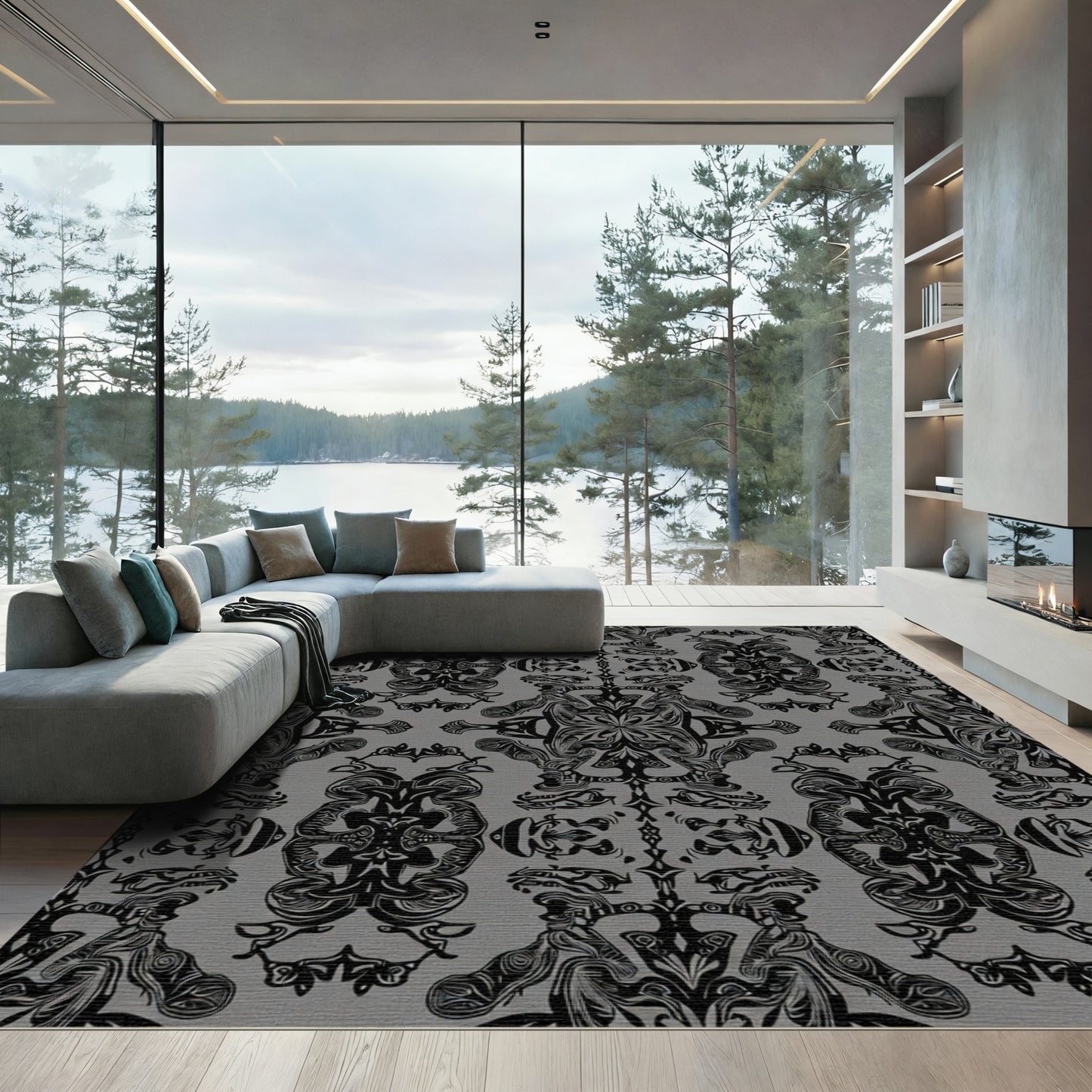 Ornate Black Scrollwork Gray Textile Rug
