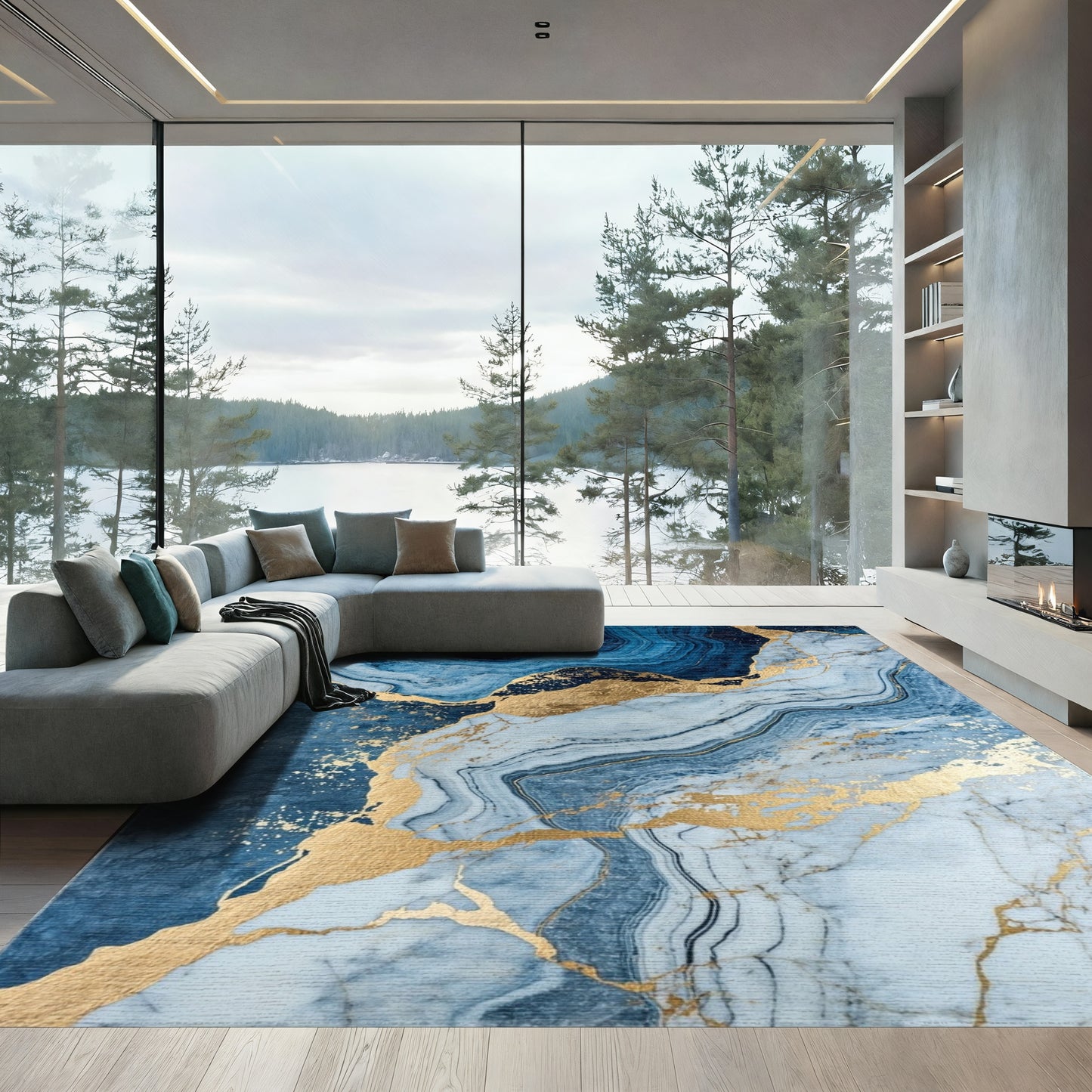 Navy Blue Gold Veined Marble Rug