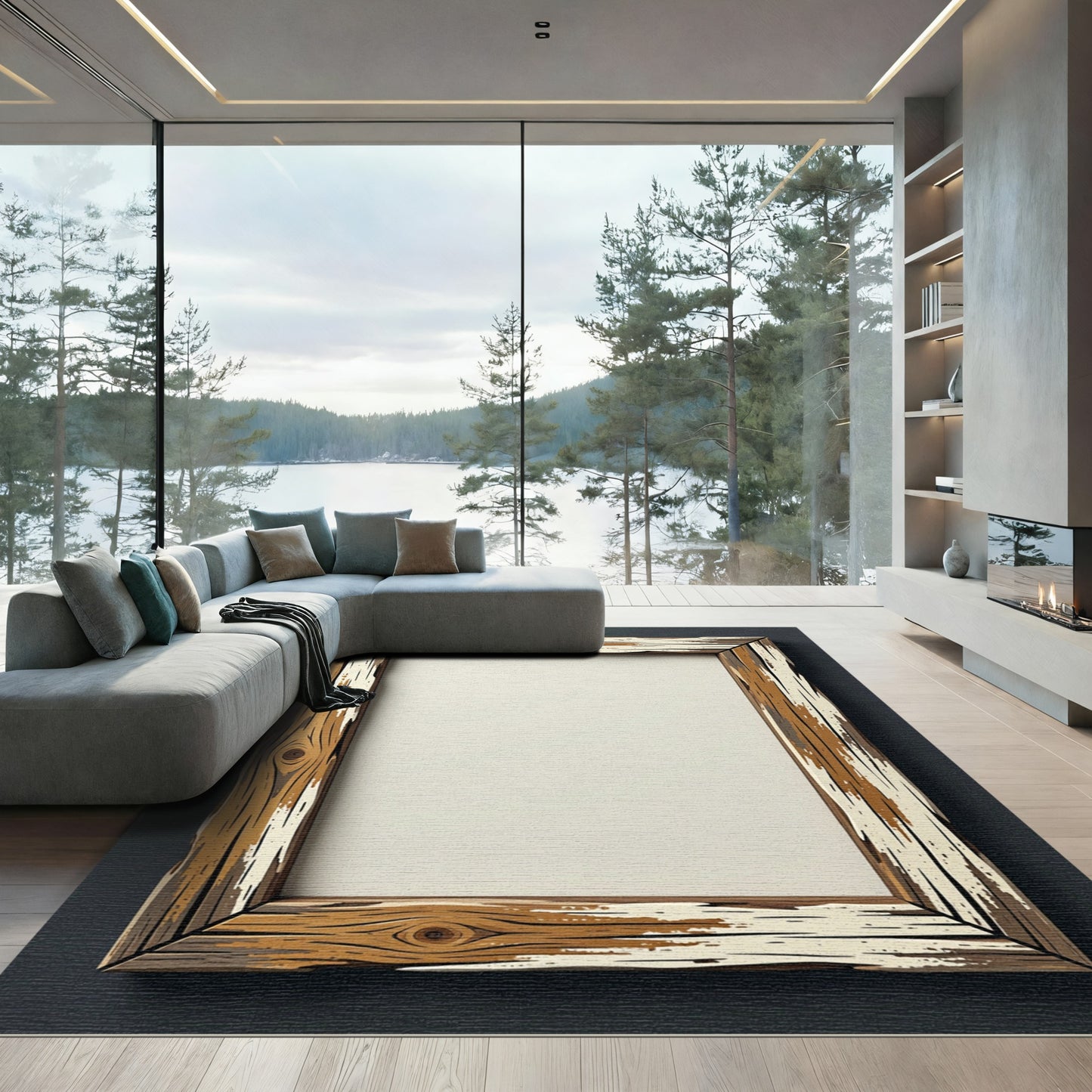 Rustic Weathered Wood Grain Frame Rug