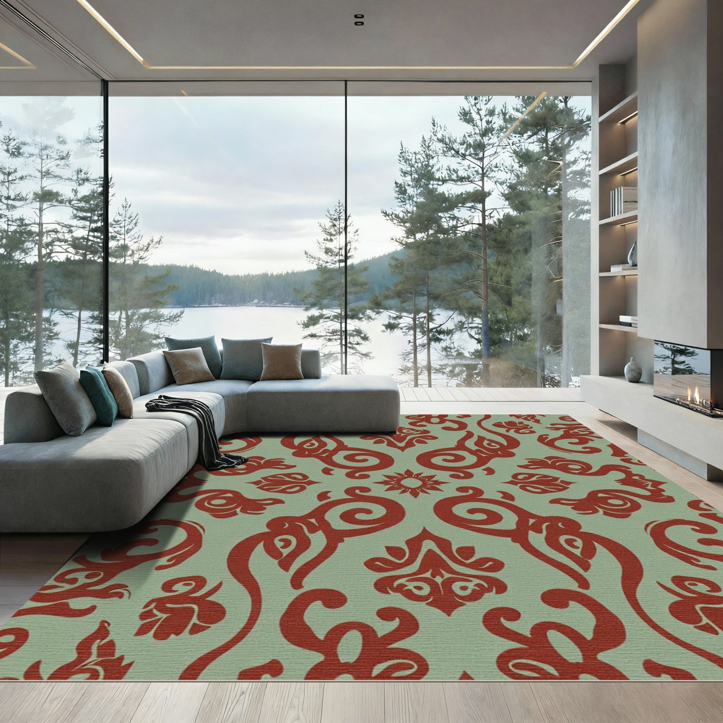 Rust Red Floral Damask Symmetry Rug