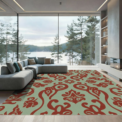 Rust Red Floral Damask Symmetry Rug