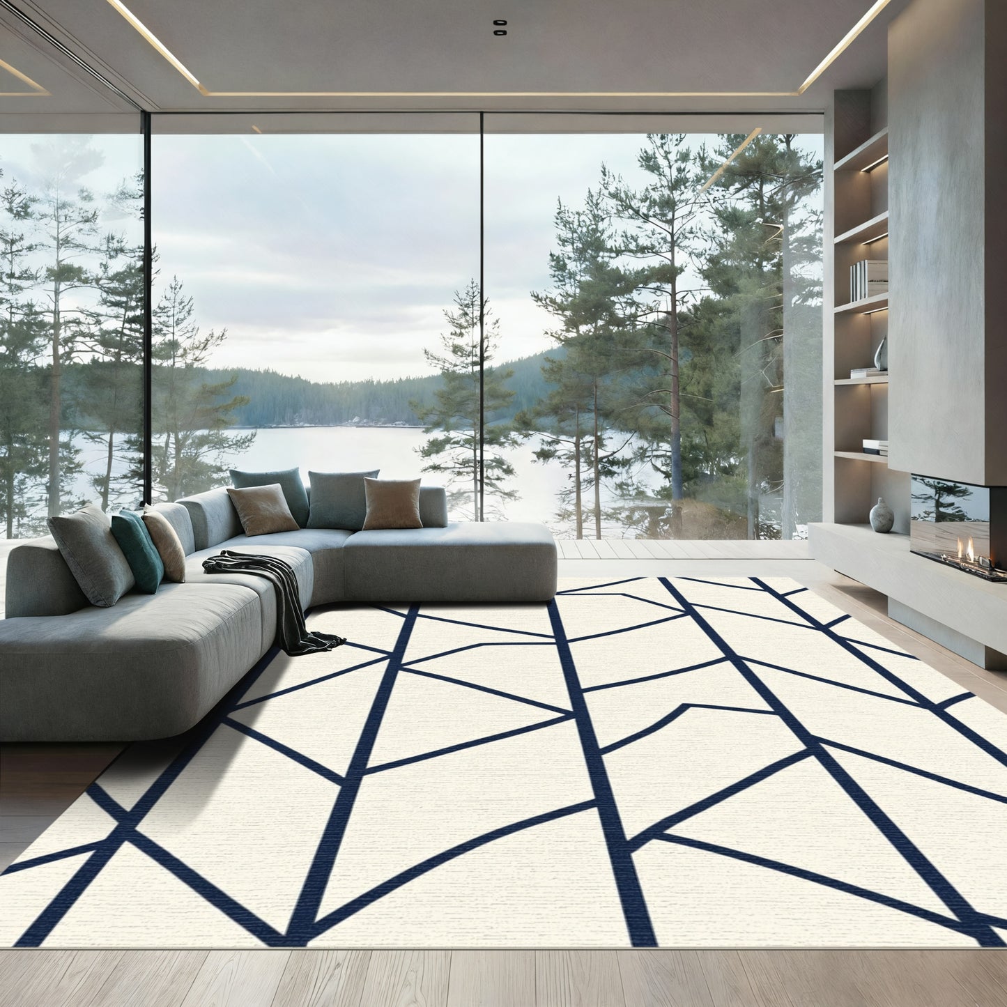 Cream Navy Abstract Geometric Lines Rug