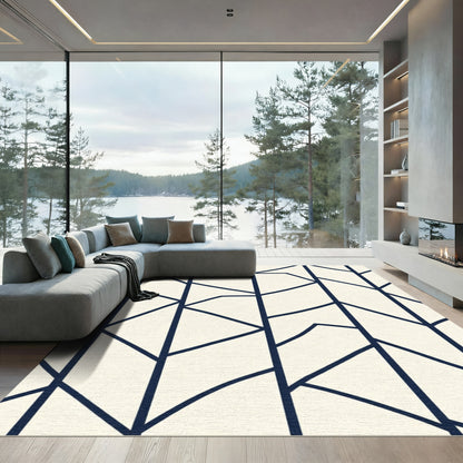 Cream Navy Abstract Geometric Lines Rug