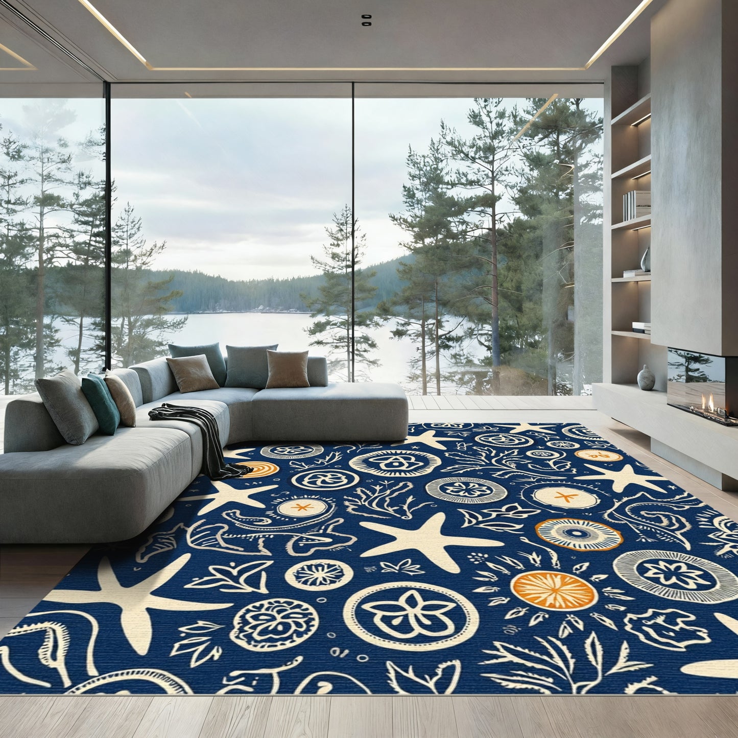 Oceanic Starfish Coral Medallion Navy Rug