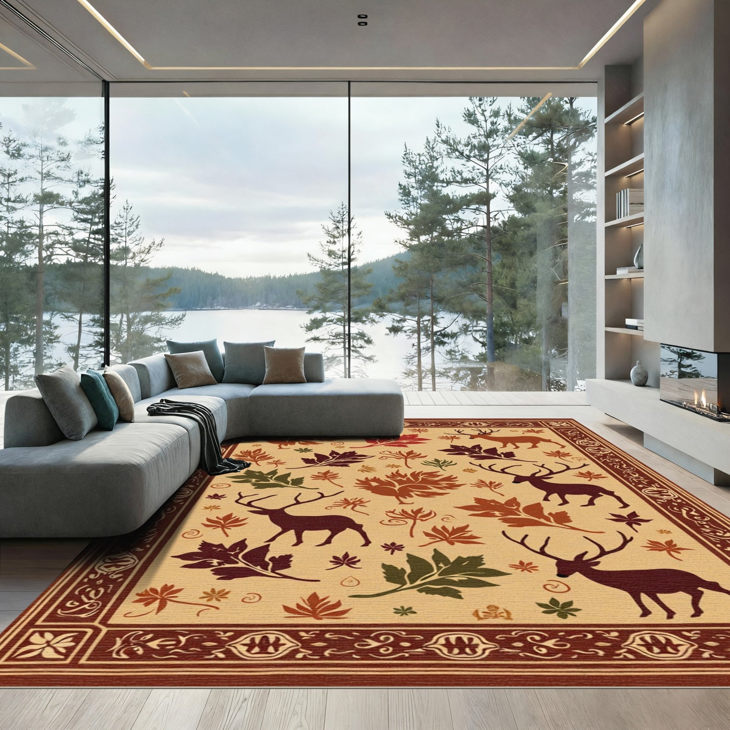 Autumn Deer Red Maple Leaf Arrangement Rug